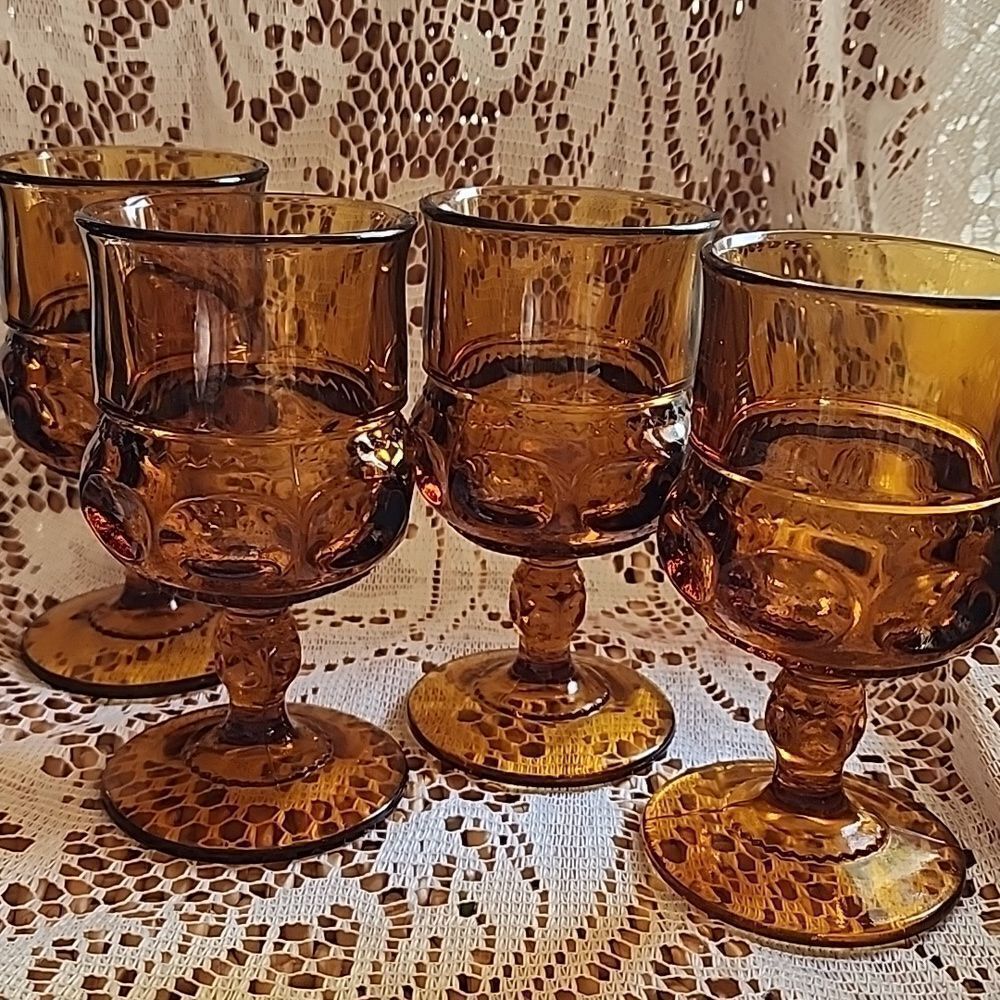 Vintage Set Of 4 Amber Indiana Glass Kings Crown 1960's Drink Glasses MCM